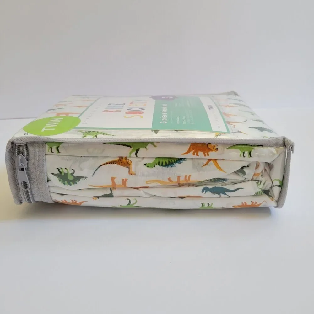 Green Yellow Dinosaurs Triceratops Pterodactyl 3 pc Twin Sheet Set Kids Jurassic